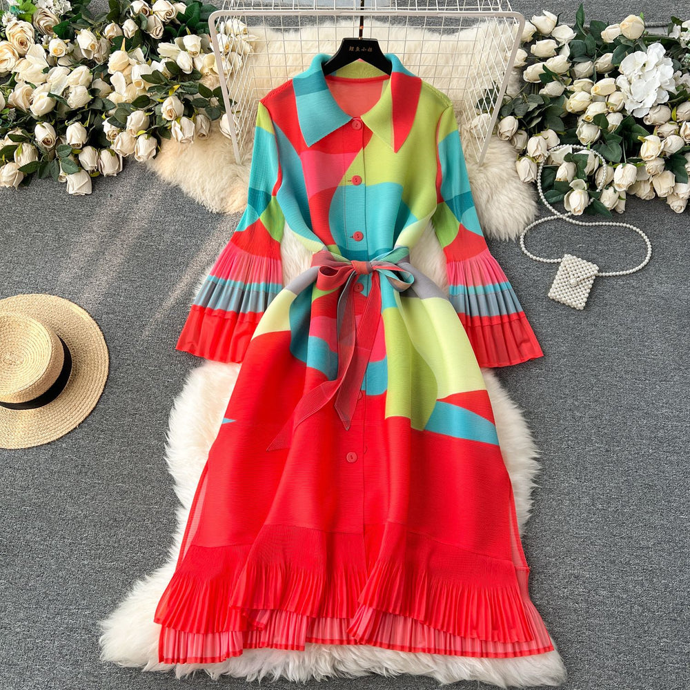 French retro chic pleated print women's summer loose fit slimming casual tiered waist midi dress