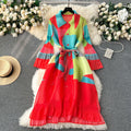 French retro chic pleated print women's summer loose fit slimming casual tiered waist midi dress