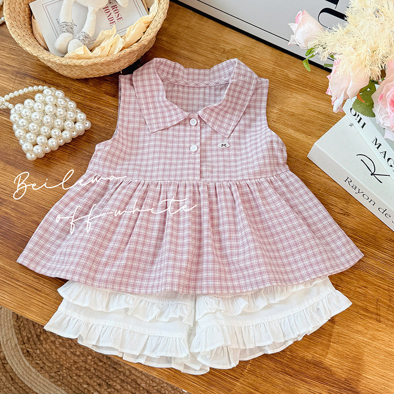 Girls' summer new korean style pink plaid shorts set - stylish and trendy baby girl outfit, kids' clothing, fashionable children's wear