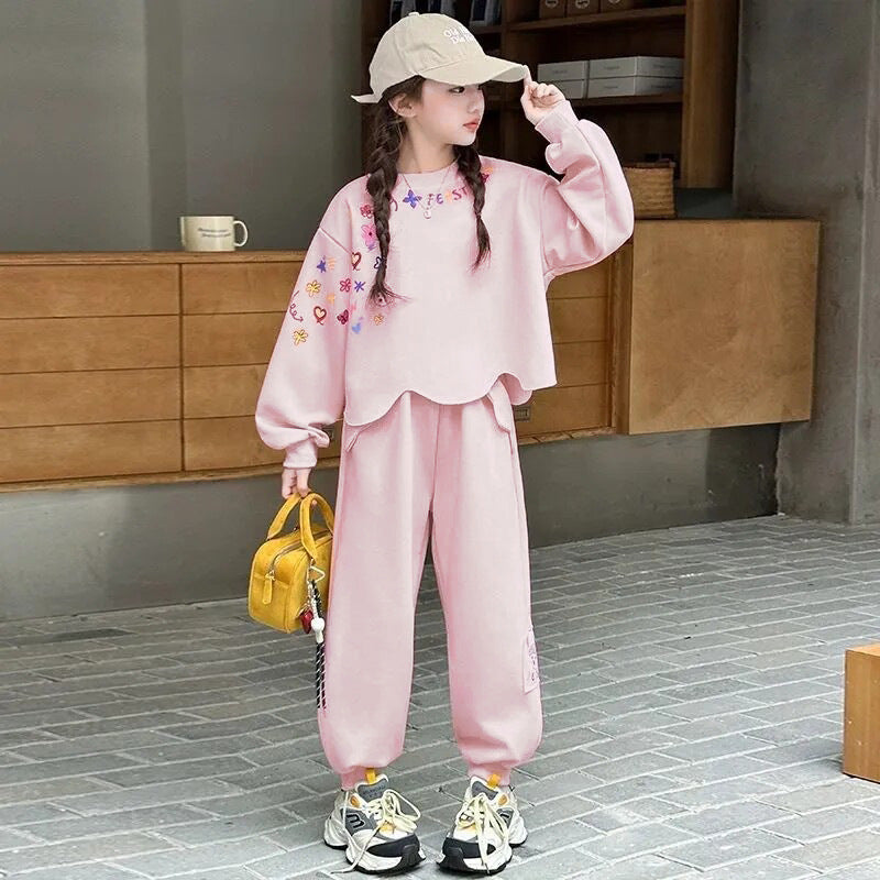 Girls' spring/autumn outfit set : korean style, new arrival, stylish cartoon hoodie and casual two-piece set for girls (mid-to-large size)