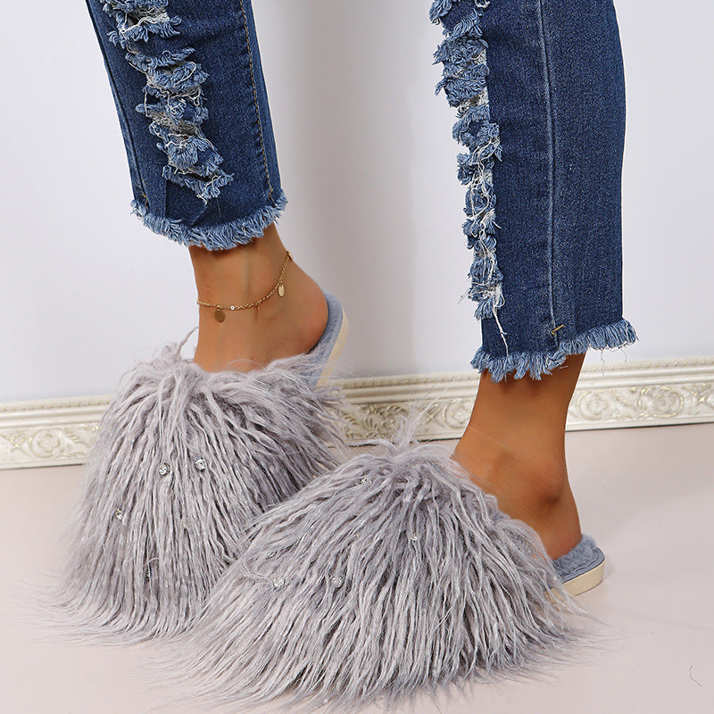 Slippers long hair fall and winter women's baotou k-style fashion rhinestone fur baotou slippers artificial fur wooden floor artificial fur