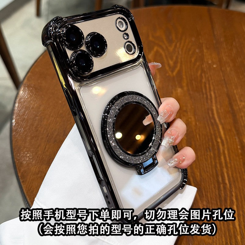 Electroplated four-corner airbag shockproof phone case for iphone 17, apple 14 glitter mirror magnetic stand protective cover