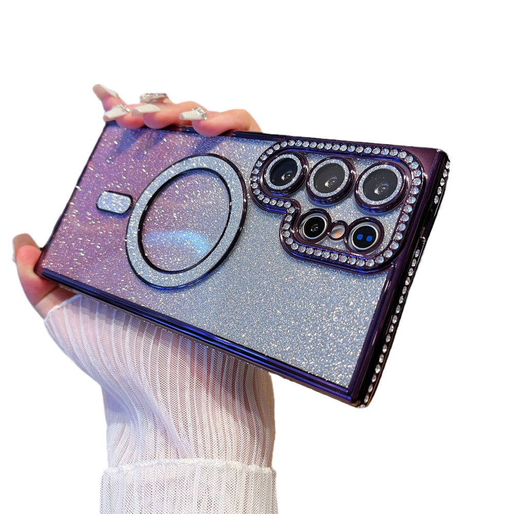 Rhinestone-embellished magnetic glitter case for samsung s25 ultra, s26 plus, with diamond-studded lens protector and a16 case