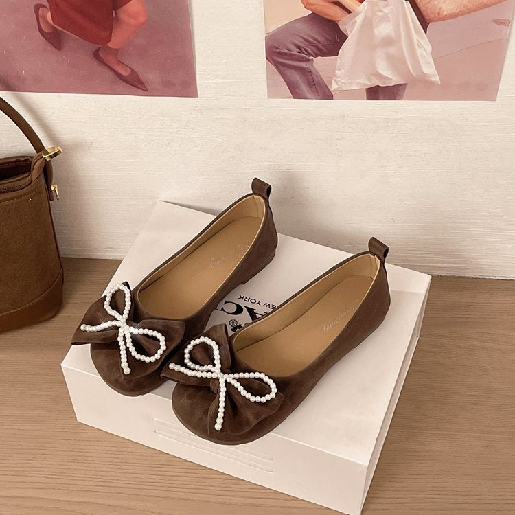 Plus sizenew arrival evening breeze pearl bows soft bottom beanie shoes women's fashion toe cap flats flats soft bottom slip-on