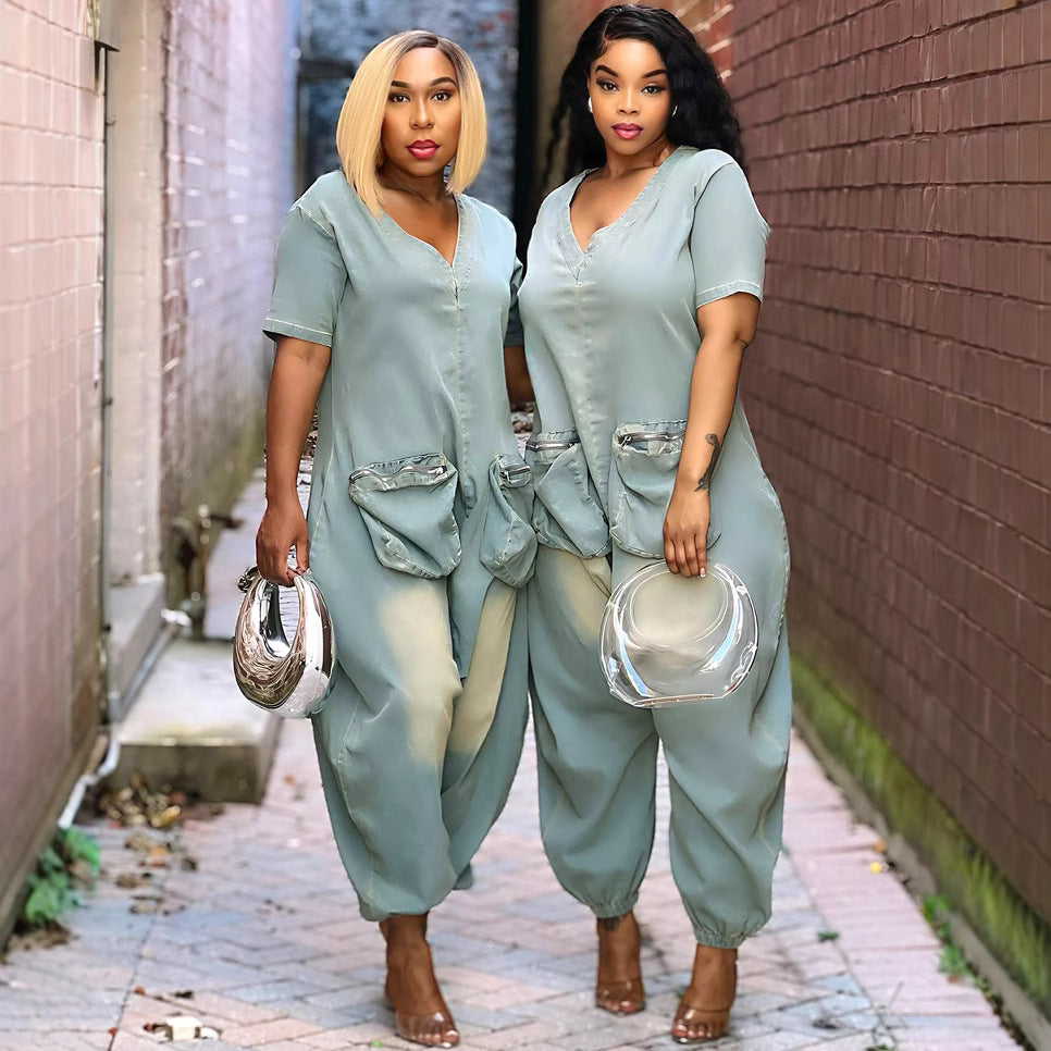 European and american style loose-fit jumpsuit -  cross-border women's fashion - unique, oversized pocket, washed denim romper