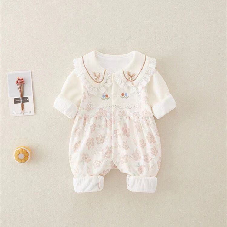 Baby clothes spring romper girl baby bodysuit double layer outwear spring autum super cute full month princess haki