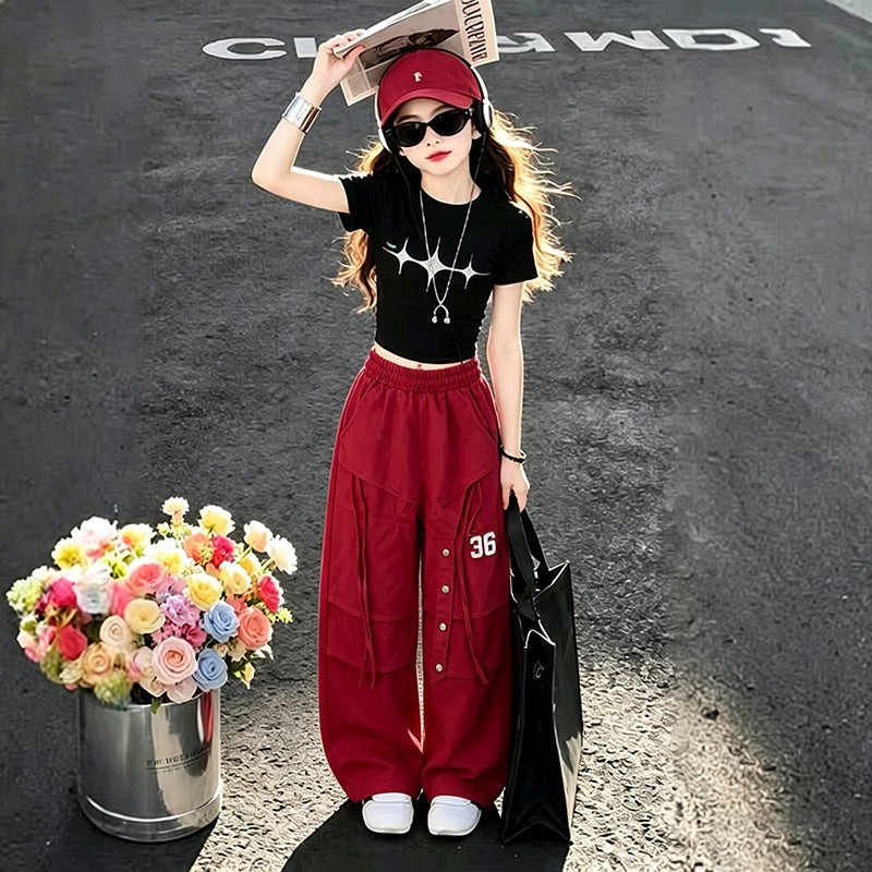 girls' fashion set: new summer letter print girl's short-sleeve loose-fit two-piece printed t-shirt set