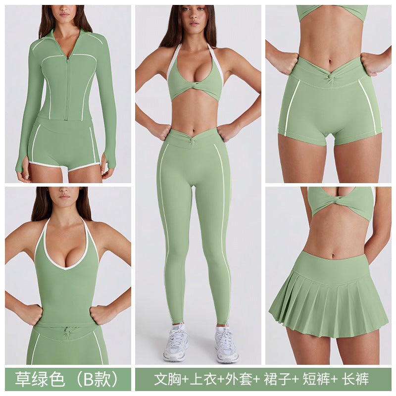 Contrast color bra tops long sleeves short sleeves pants shorts skirts pleated skirts zipper outwear yoga clothes six-piece suit