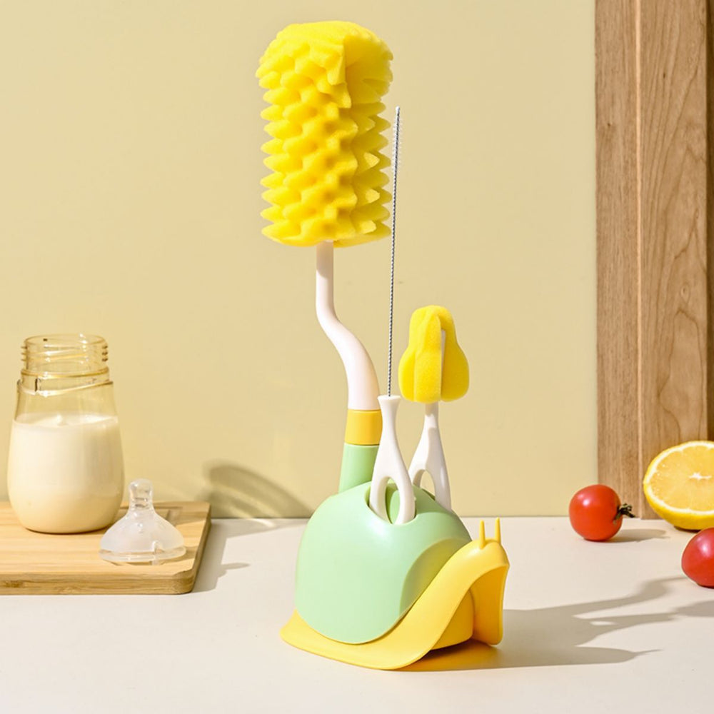 Baby bottle brush cleaning set - includes bottle brush, rack, long-handled rinser, sponge brush, and nipple cleaner - perfect for newborns