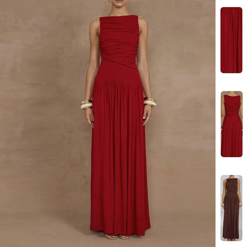summer new women's fashion: european and american cross-border dress - elegant, slim-fit, solid color pleated maxi dress