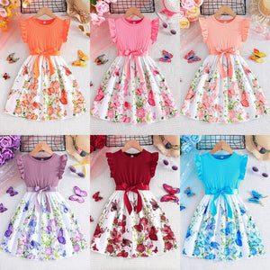 Summer girls' new butterfly print patchwork solid color ribbed sleeveless dress with ruffle cuffs + belt set