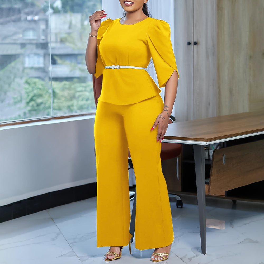 D558 women's foreign trade fashion set : elegant solid color top and wide-leg pants two-piece outfit - european and american style