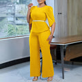 D558 women's foreign trade fashion set : elegant solid color top and wide-leg pants two-piece outfit - european and american style