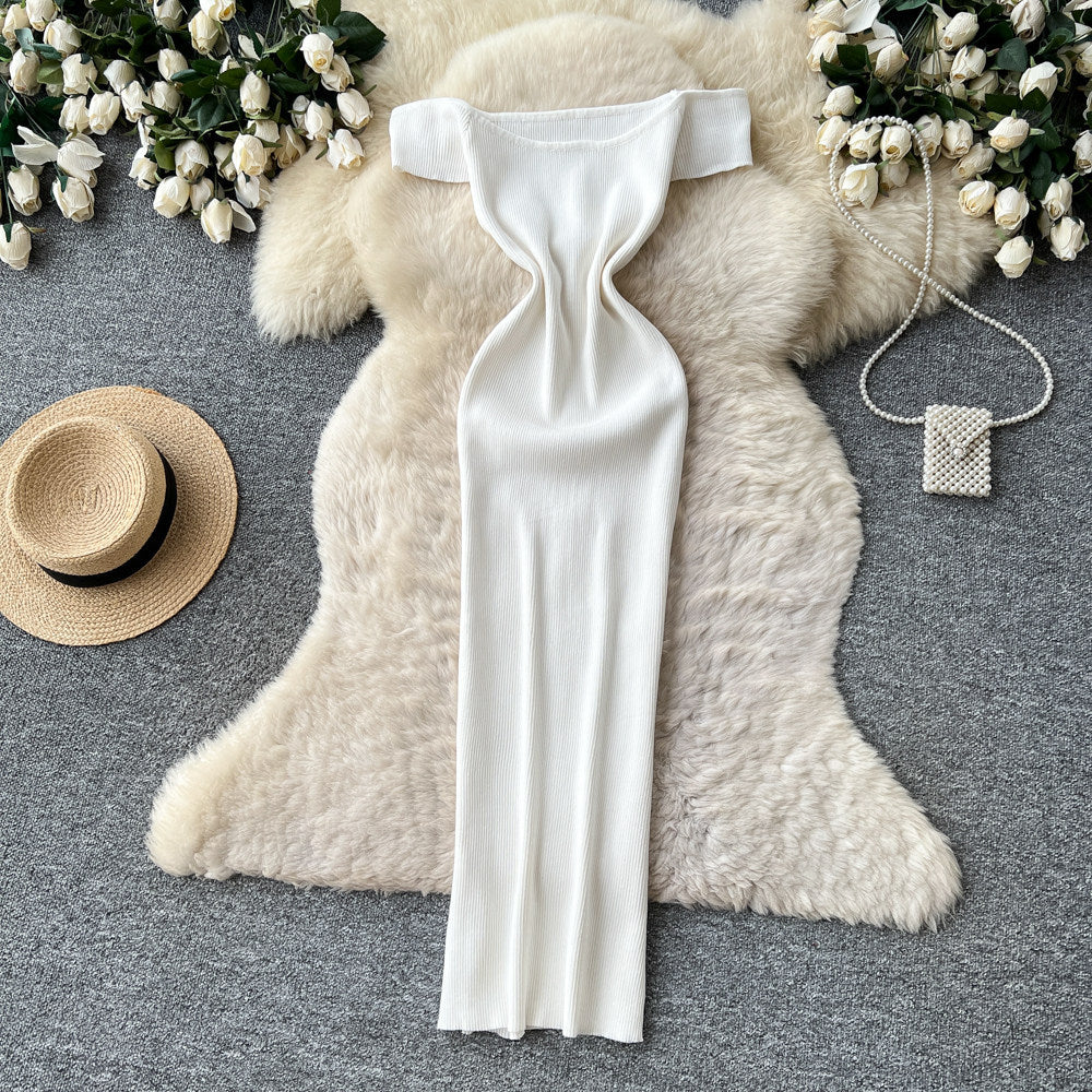 K-style one-shoulder knitting silm-type dress female summer sleeveless high waist silm a-line long skirt light and elegant