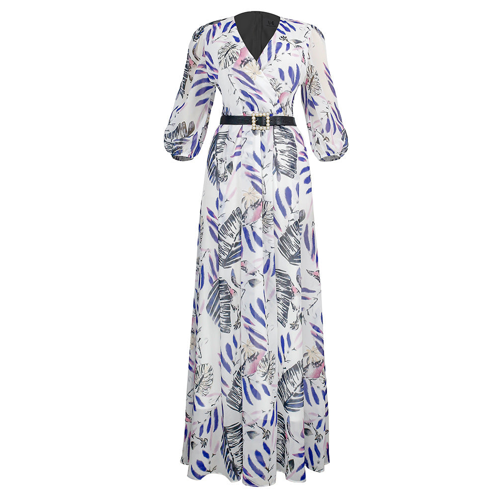African women's clothing   new sexy v-neck printed dress european and american  long maxi skirt + belt