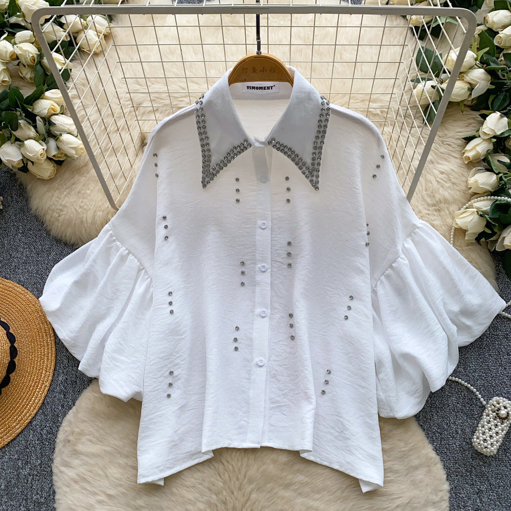 French-style heavy beaded lapel diamond-embellished shirt for women - summer lantern sleeve cardigan, loose fit, versatile, high-end top