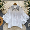 French-style heavy beaded lapel diamond-embellished shirt for women - summer lantern sleeve cardigan, loose fit, versatile, high-end top