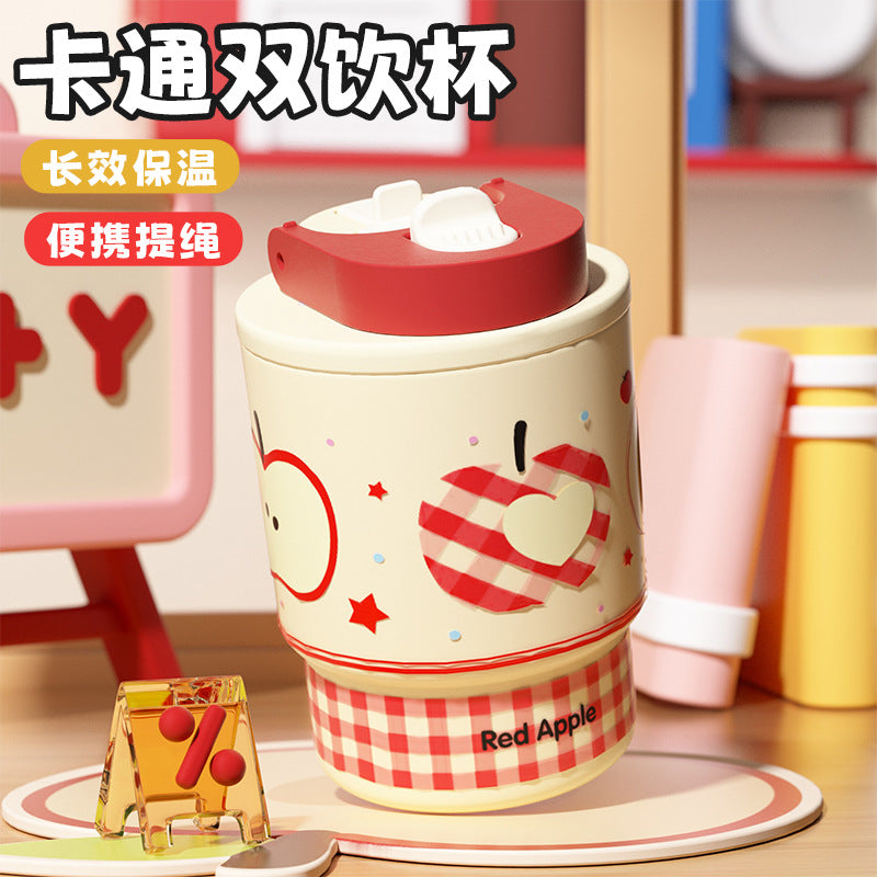 Kids' cartoon double-drink insulated mug, 316l stainless steel coffee cup, stylish design for girls, portable car water bottle with straw