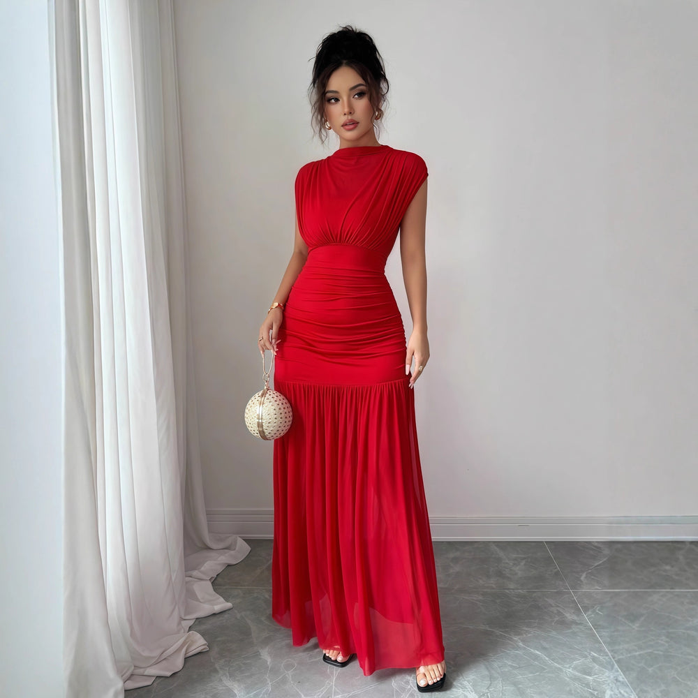 European and american cross-border women's fashion:  autumn new arrival - solid color round neck flutter sleeve cinched waist ruched elegant long dress