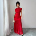 European and american cross-border women's fashion:  autumn new arrival - solid color round neck flutter sleeve cinched waist ruched elegant long dress