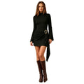 fashion high collar bell sleeve dress women's metal buckle pleated waist slimming look hot girl hip skirt