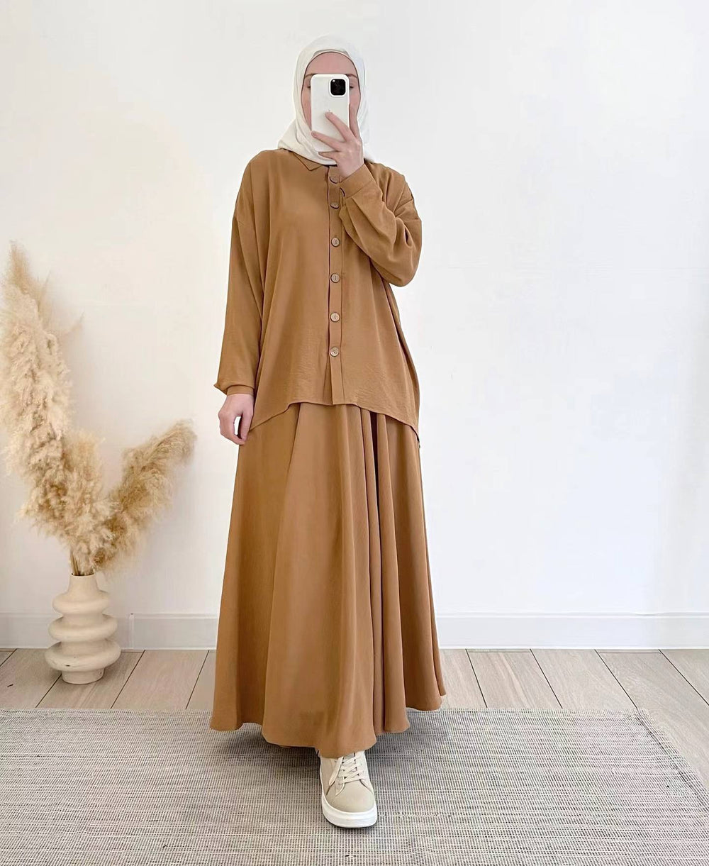 spring cross-border women's clothing set: relaxed fit long sleeve shirt and midi skirt - comfortable commute style
