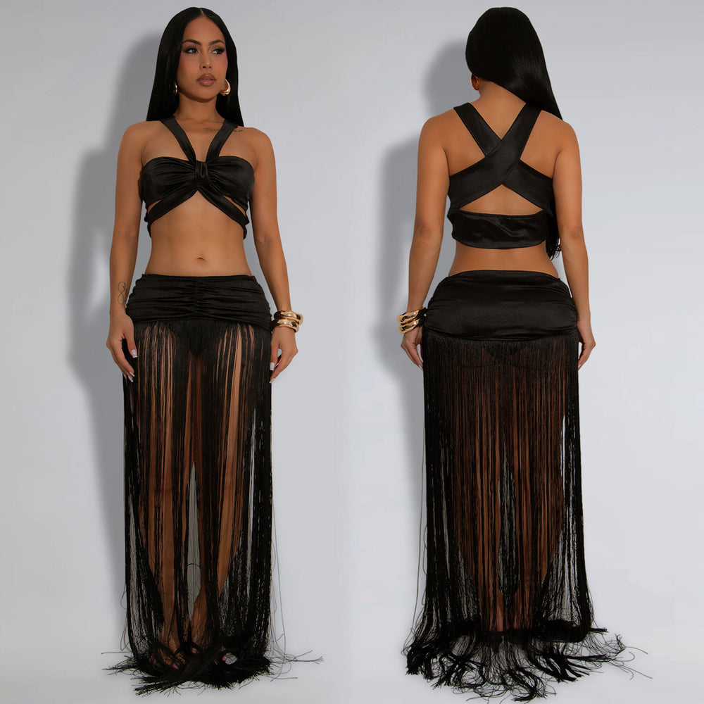 C7438 cross-border   fashion women's sexy strappy top and tassel maxi skirt two-piece set