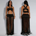 C7438 cross-border   fashion women's sexy strappy top and tassel maxi skirt two-piece set