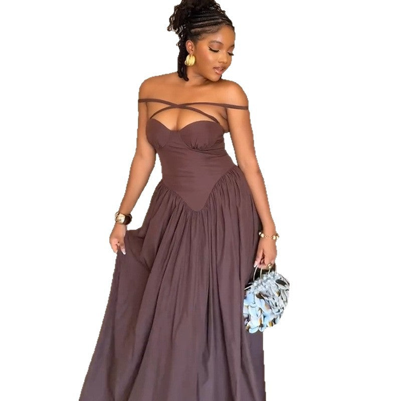 European and american cross-border women's fashion  summer new arrival: elegant ruched bandeau slimming high-waisted brown maxi dress