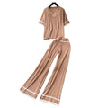 Korean style retro fashion color block turn-down collar short sleeve knit top + high waist casual wide leg pants  summer set