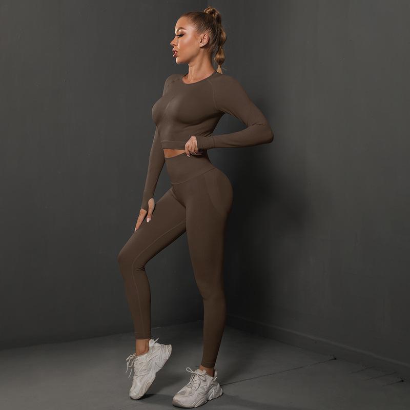 New solid color knitted peach lift tight yoga leggings set - seamless fitness activewear for women, perfect for running and yoga