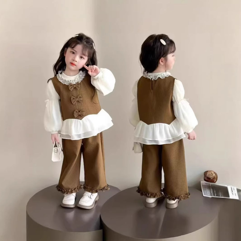 【dropshipping】girls' autumn outfit  new style kids' chic and fashionable vest baby children's clothing set three-piece set for girls