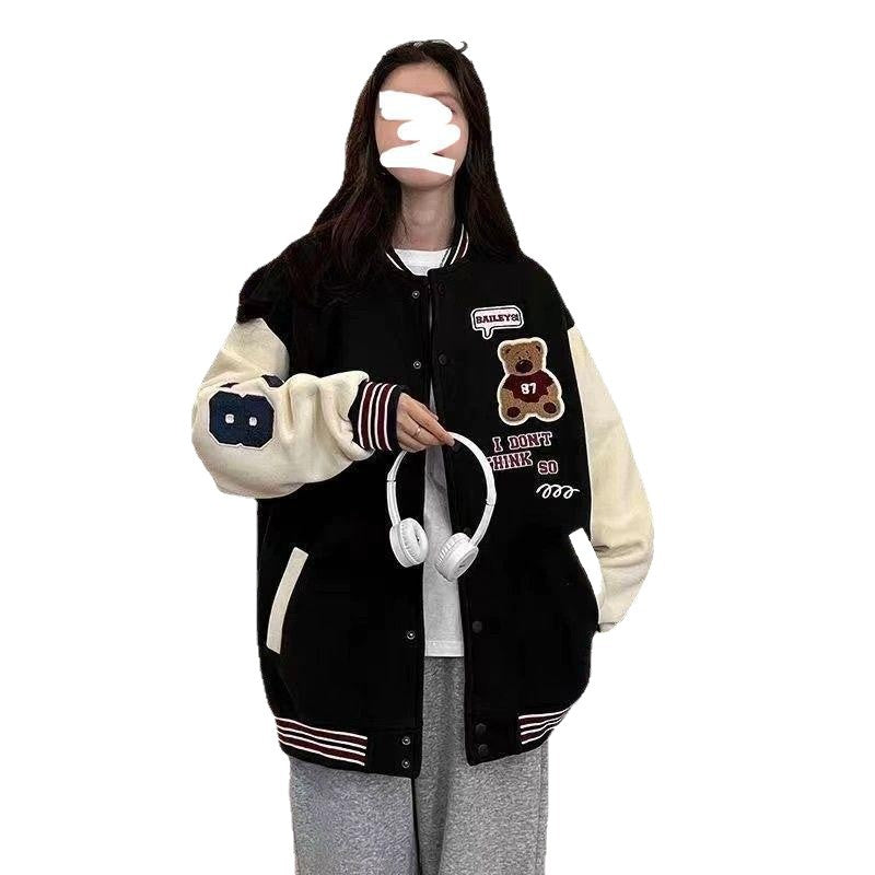 American baseball jersey student jacket women's autumn and winter new trendy brand loose and comfortable top thickened version color matching retro