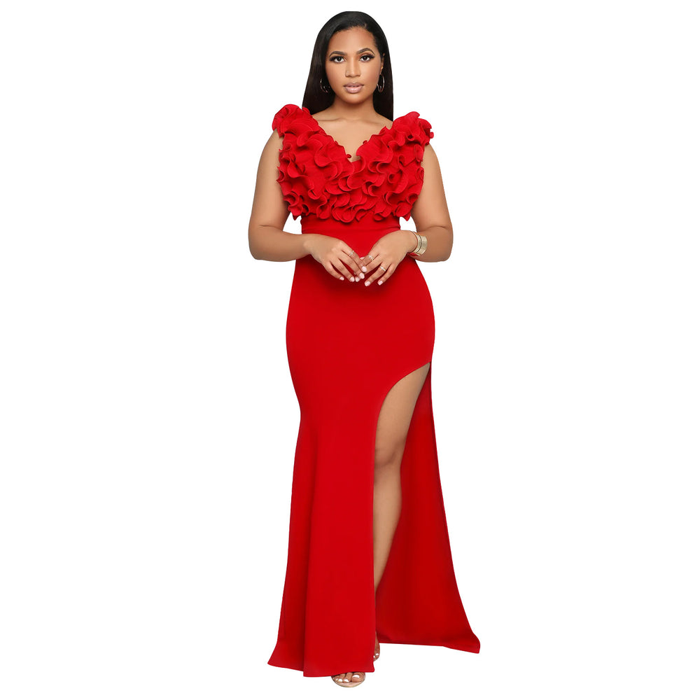 C7013 cross-border   independent station fashionable women's v neck sleeveless long slit dress