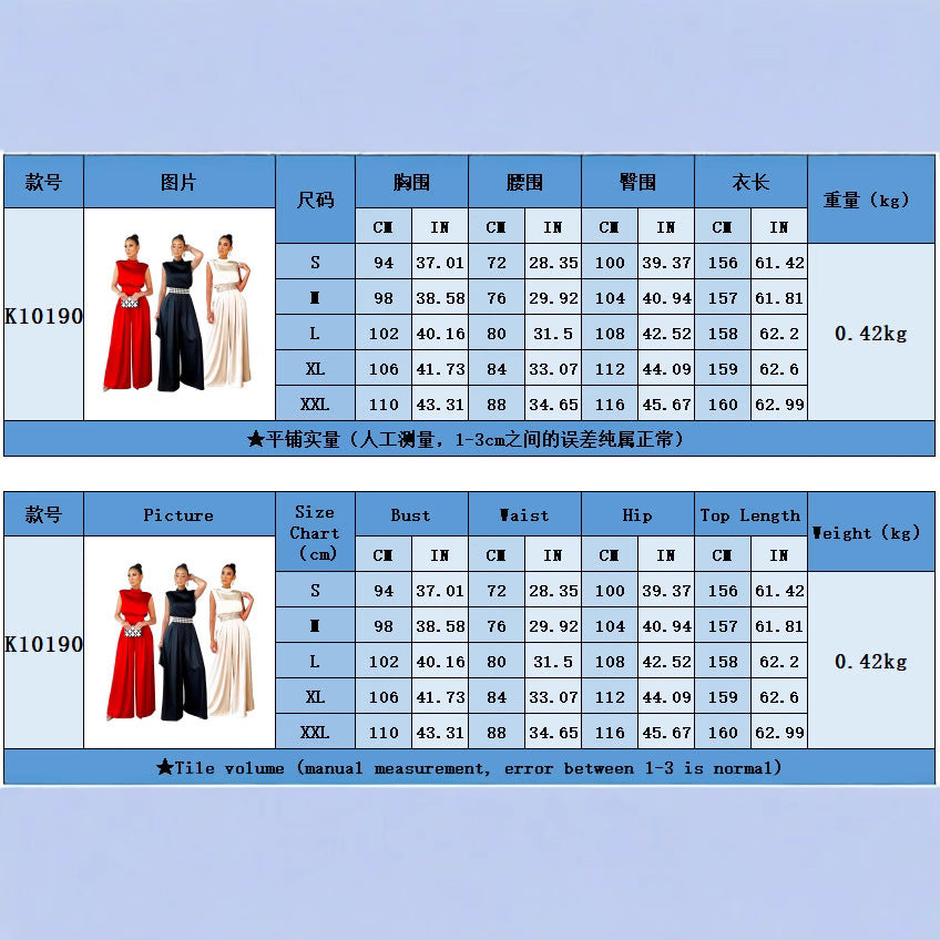 European and American  women's fashion wide-leg pants solid color turtleneck sleeveless waist jumpsuit small batch customization