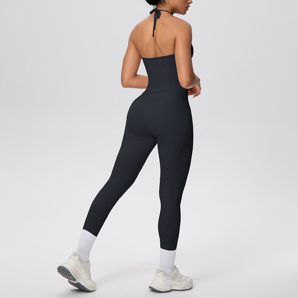 pure color brushed beautiful back tight strap halterflap pocket pants yoga suit sports running fitness two-piece set