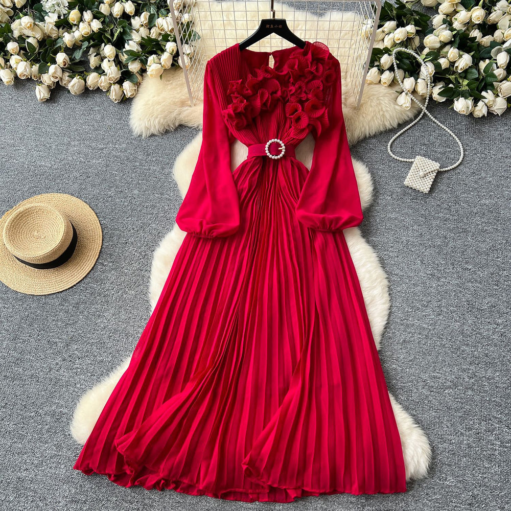 new arrival: exquisite, niche-style pleated dress with 3d lace, lantern sleeves, and tie-waist detail for a slimming and elegant silhouette