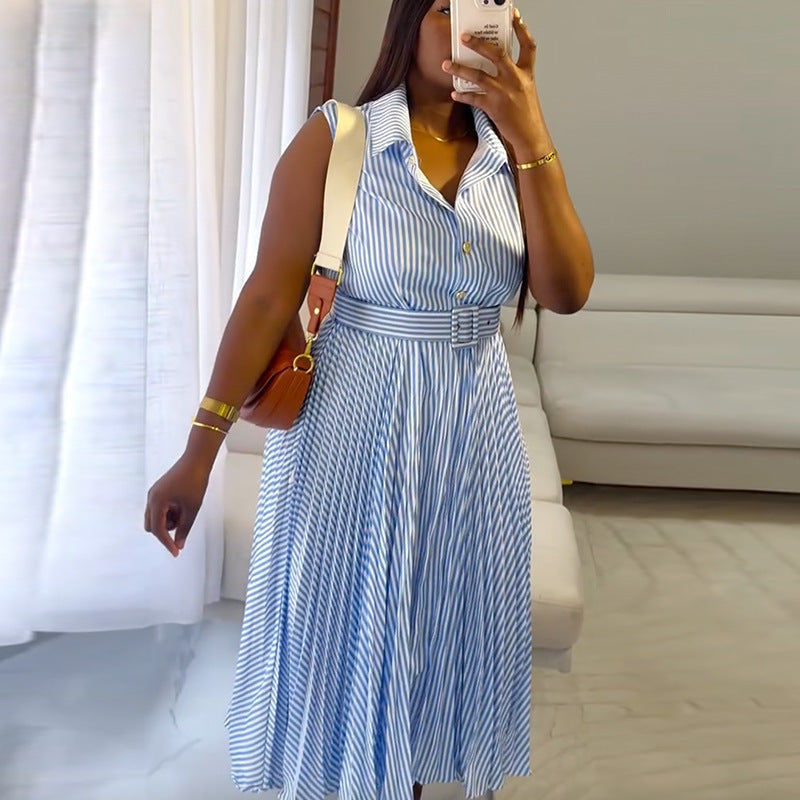 European and american cross-border women's fashion:  summer new arrival - elegant and stylish striped lapel tie-up pleated sleeveless dress