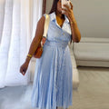 European and american cross-border women's fashion:  summer new arrival - elegant and stylish striped lapel tie-up pleated sleeveless dress