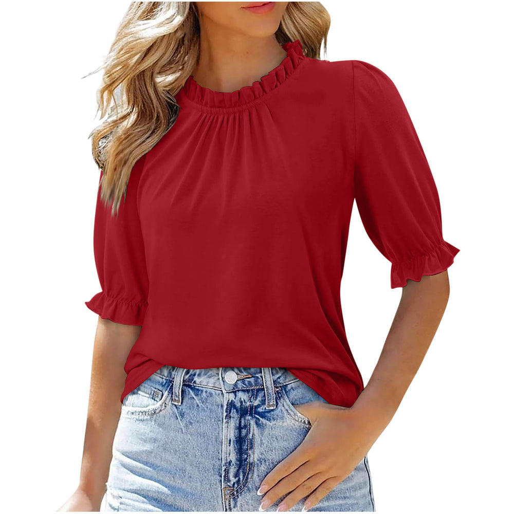 new women's solid color button-down crew neck ruched mid-sleeve top for cross-border