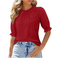new women's solid color button-down crew neck ruched mid-sleeve top for cross-border