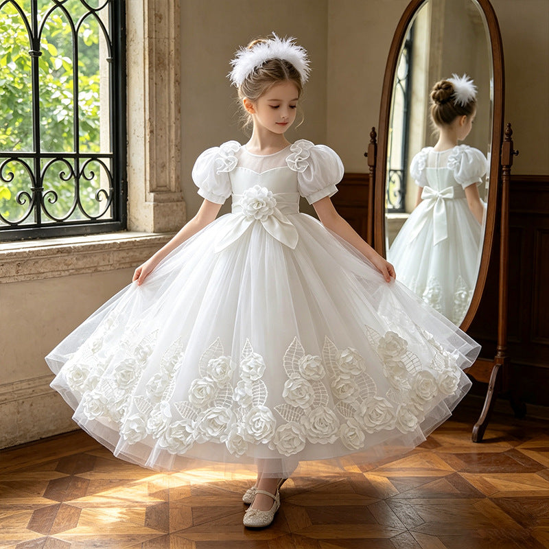 Girls' formal dress - long, puff sleeve, flower girl wedding dress, tulle, piano recital performance dress - in stock & wholesale