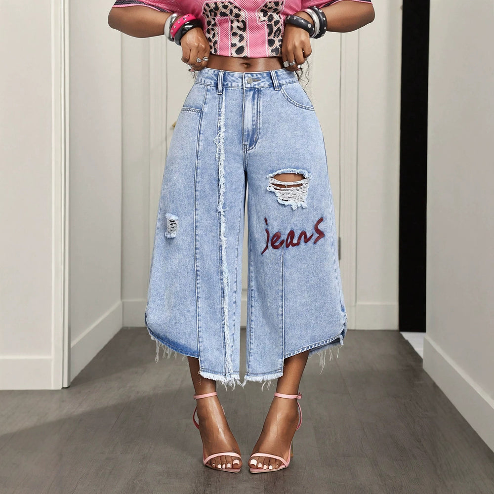 European and american style women's patchwork distressed cropped wide-leg jeans with letter print and washed finish - export quality