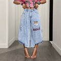 European and american style women's patchwork distressed cropped wide-leg jeans with letter print and washed finish - export quality