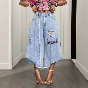 European and american style women's patchwork distressed cropped wide-leg jeans with letter print and washed finish - export quality