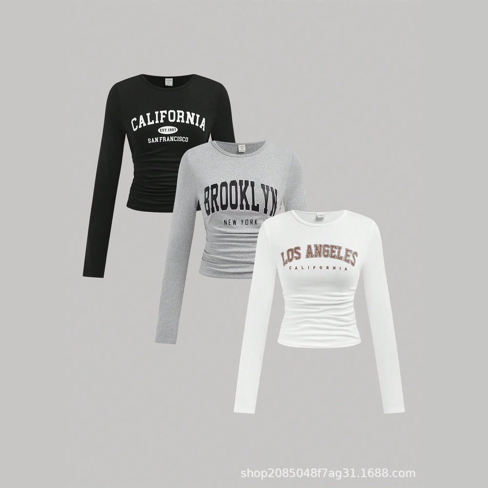 American retro letter print long sleeve t-shirt - women's cinched waist cropped bodycon top