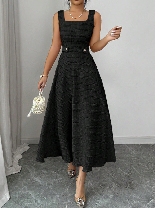 summer new arrival: elegant pink crew neck sleeveless knit dress with rhinestone button accents and openwork crochet detail