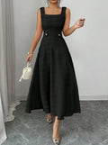 summer new arrival: elegant pink crew neck sleeveless knit dress with rhinestone button accents and openwork crochet detail
