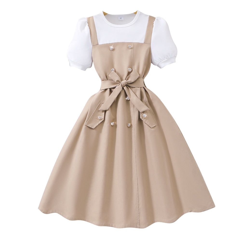 Big kids' (girls') dress, double-breasted suspender dress, short-sleeve faux two-piece dress