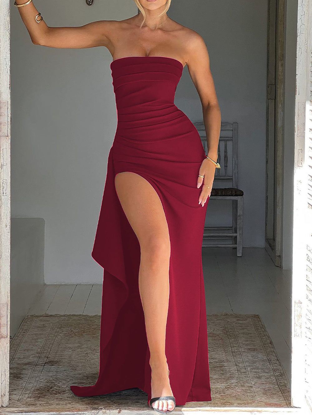 Fashionexport cross-border evening dress party women's one-line collar tube topdresssexybackless high slit long skirt